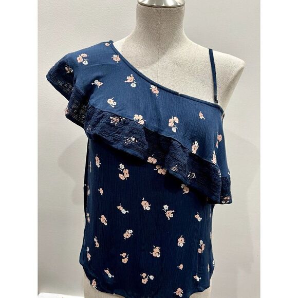 Abercrombie & Fitch NWT Ruffle One Shoulder Floral Top in Navy Size XS - Picture 1 of 5